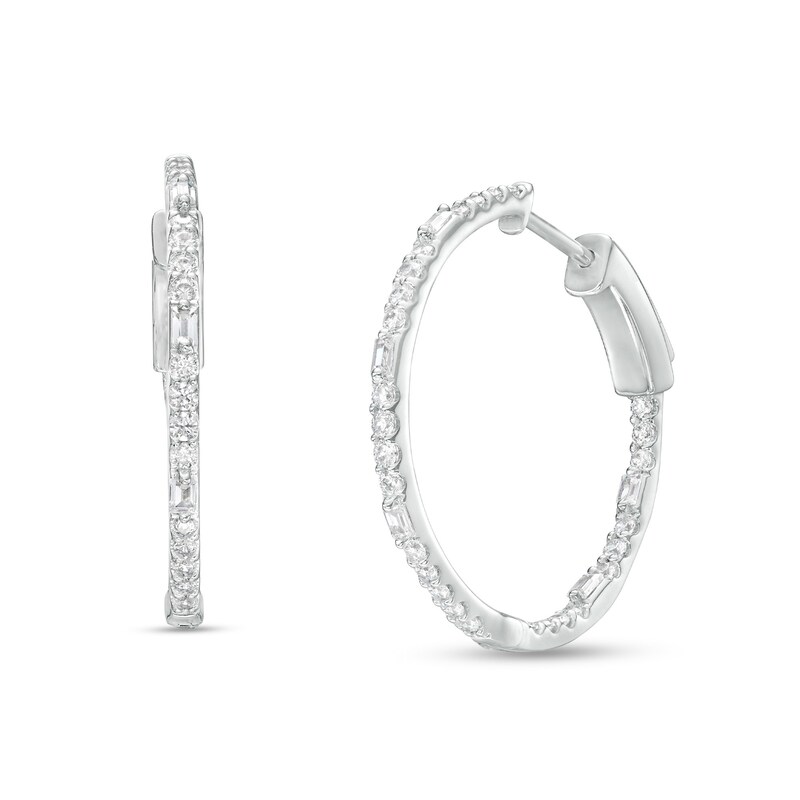 Main Image 1 of 1 CT. T.W. Baguette and Round Diamond Inside-Out Hoop Earrings in 10K White Gold