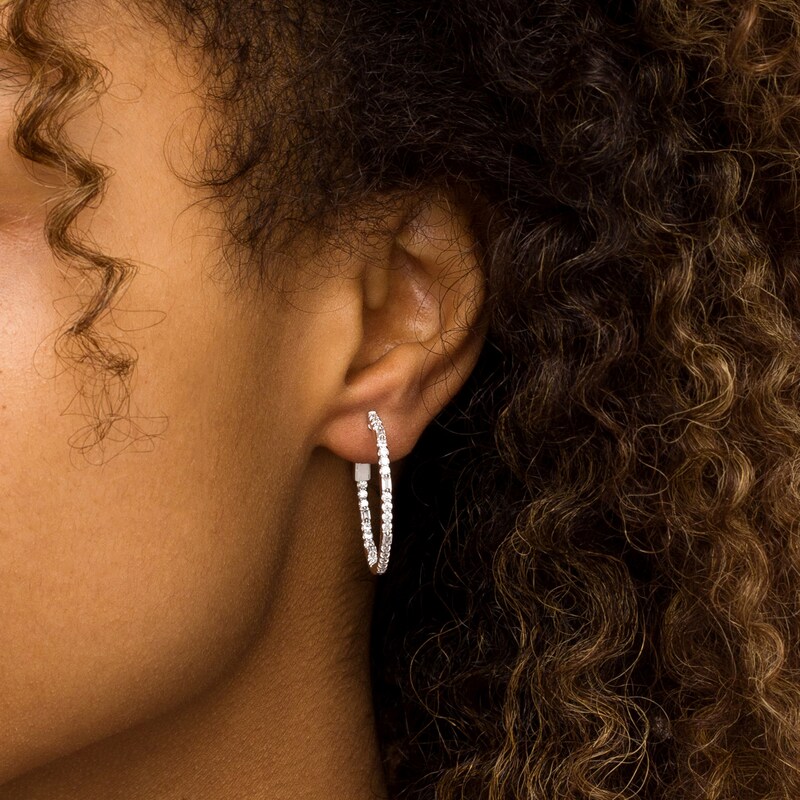 Main Image 2 of 1 CT. T.W. Baguette and Round Diamond Inside-Out Hoop Earrings in 10K White Gold