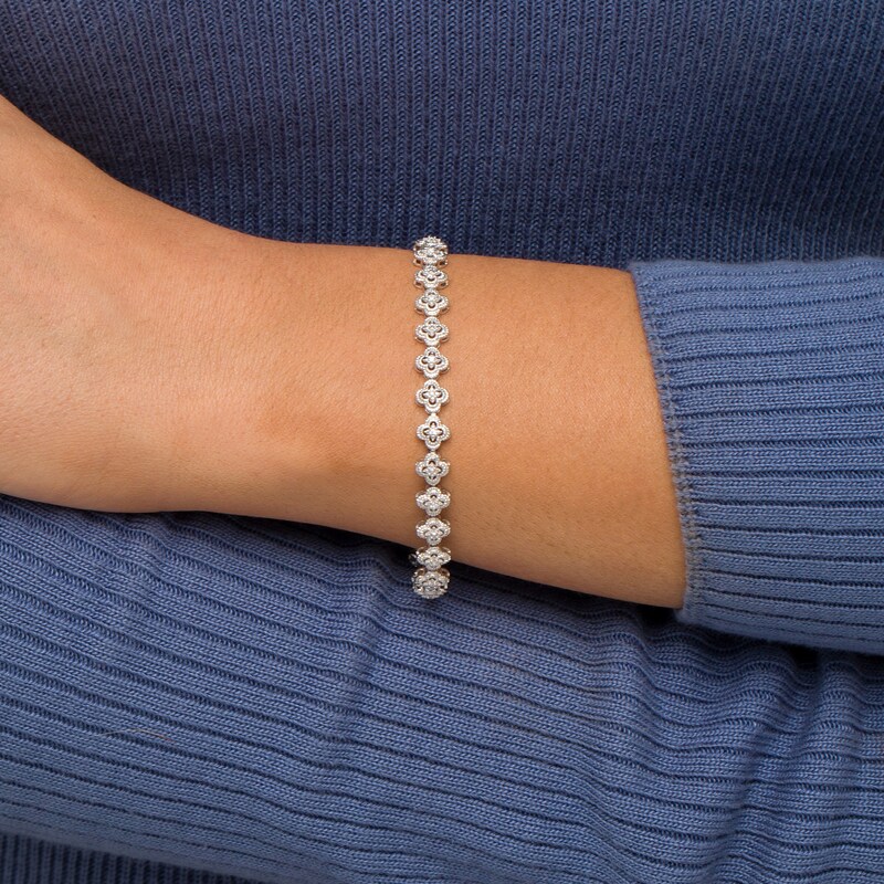 Main Image 2 of 1/10 CT. T.W. Diamond Clover Link Bracelet in Sterling Silver