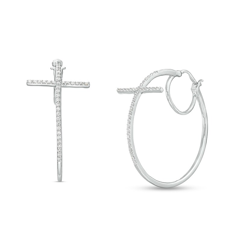 Main Image 1 of 1/3 CT. T.W. Diamond Cross Hoop Earrings in Sterling Silver