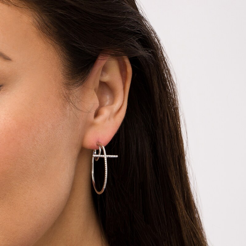 Main Image 2 of 1/3 CT. T.W. Diamond Cross Hoop Earrings in Sterling Silver