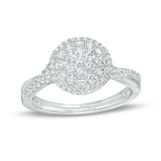 1/2 CT. T.w. Multi-Diamond Double Frame Twist Shank Ring in 10K White Gold