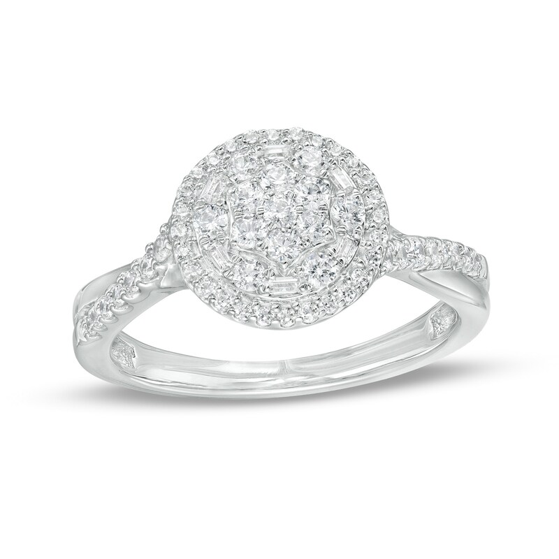 Main Image 1 of 1/2 CT. T.W. Multi-Diamond Double Frame Twist Shank Ring in 10K White Gold