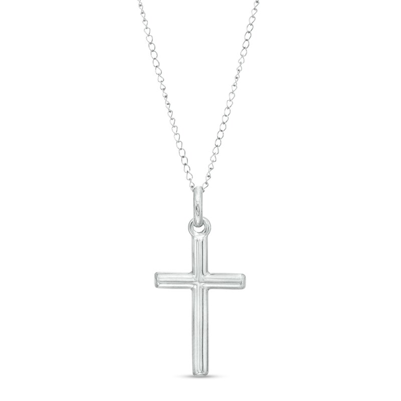 Main Image 1 of Child's Barrel Cross Pendant in 14K White Gold – 13"