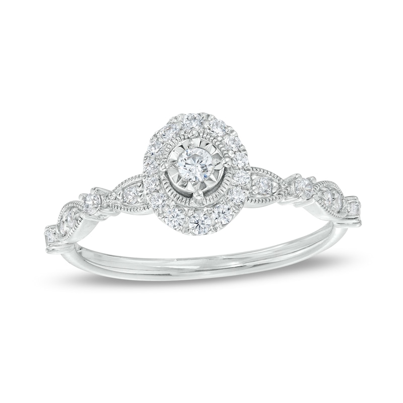 Main Image 1 of 1/4 CT. T.W. Diamond Oval Frame Alternating Shank Vintage-Style Engagement Ring in 10K White Gold (J/I3)