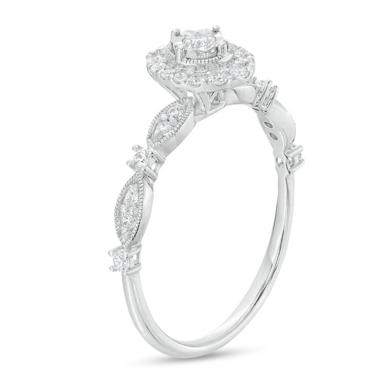 Main Image 3 of 1/4 CT. T.W. Diamond Oval Frame Alternating Shank Vintage-Style Engagement Ring in 10K White Gold (J/I3)