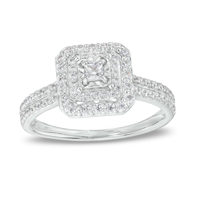 Main Image 1 of 1/2 CT. T.W. Princess-Cut Diamond Double Frame Double Row Engagement Ring in 10K White Gold (I/I3)