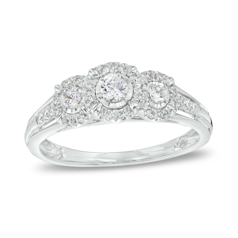 Main Image 1 of 1/4 CT. T.W. Diamond Past Present Future® Frame Split Shank Engagement Ring in 10K White Gold