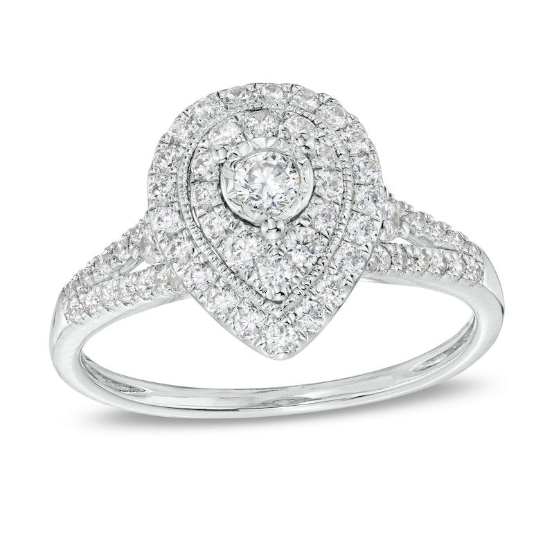Main Image 1 of 1/2 CT. T.W. Diamond Double Pear-Shaped Frame Split Shank Engagement Ring in 10K White Gold (J/I3)