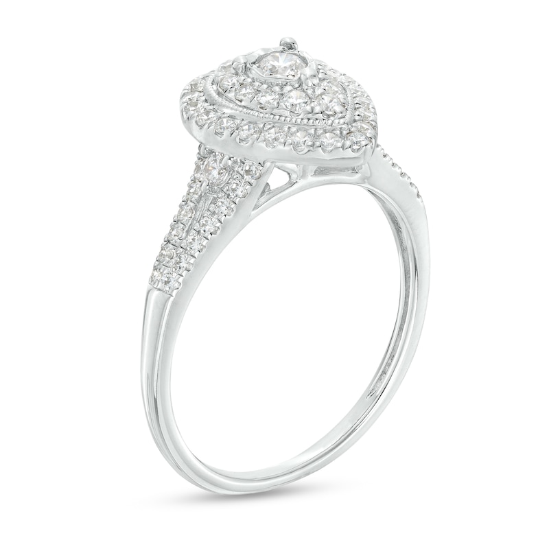 Main Image 3 of 1/2 CT. T.W. Diamond Double Pear-Shaped Frame Split Shank Engagement Ring in 10K White Gold (J/I3)