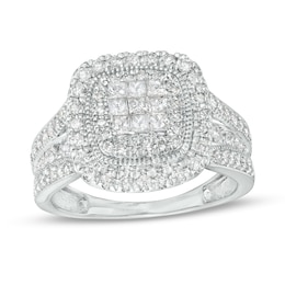 1 CT. T.W. Princess-Cut Multi-Diamond Cushion-Shaped Frame Triple Row Engagement Ring in 10K White Gold