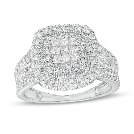 1 CT. T.w. Princess-Cut Multi-Diamond Cushion-Shaped Frame Triple Row Engagement Ring in 10K White Gold