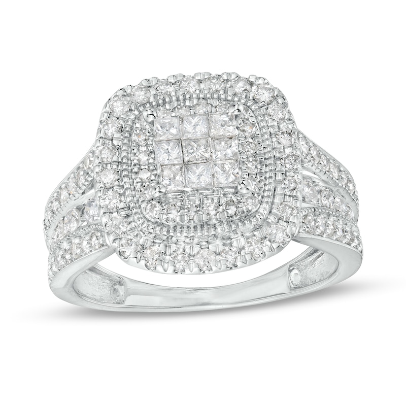Main Image 1 of 1 CT. T.W. Princess-Cut Multi-Diamond Cushion-Shaped Frame Triple Row Engagement Ring in 10K White Gold