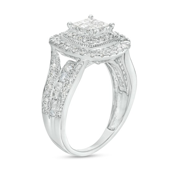 1 CT. T.w. Princess-Cut Multi-Diamond Cushion-Shaped Frame Triple Row Engagement Ring in 10K White Gold
