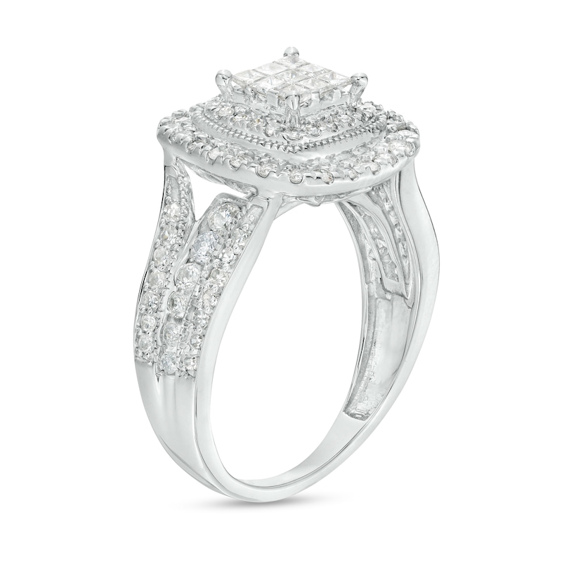 Main Image 3 of 1 CT. T.W. Princess-Cut Multi-Diamond Cushion-Shaped Frame Triple Row Engagement Ring in 10K White Gold