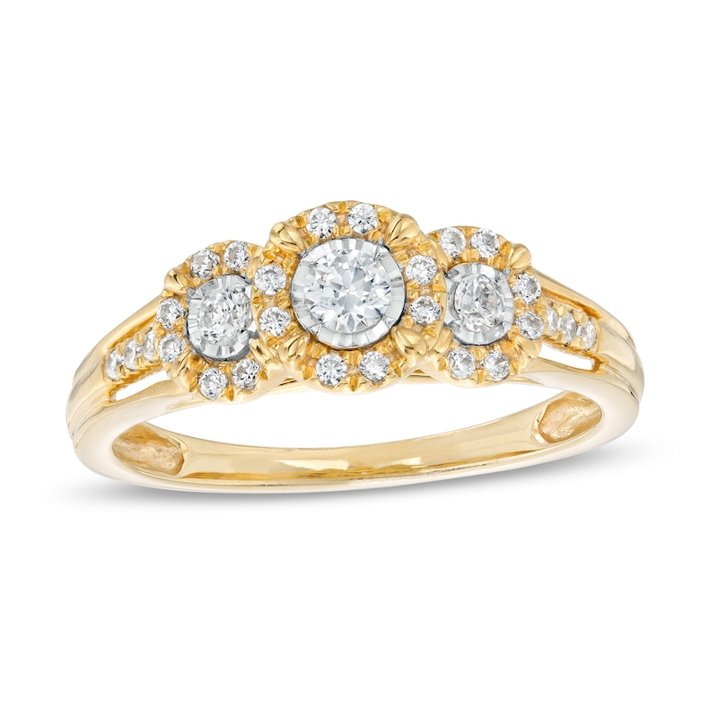 Main Image 1 of 1/4 CT. T.W. Diamond Past Present Future® Frame Split Shank Engagement Ring in 10K Gold