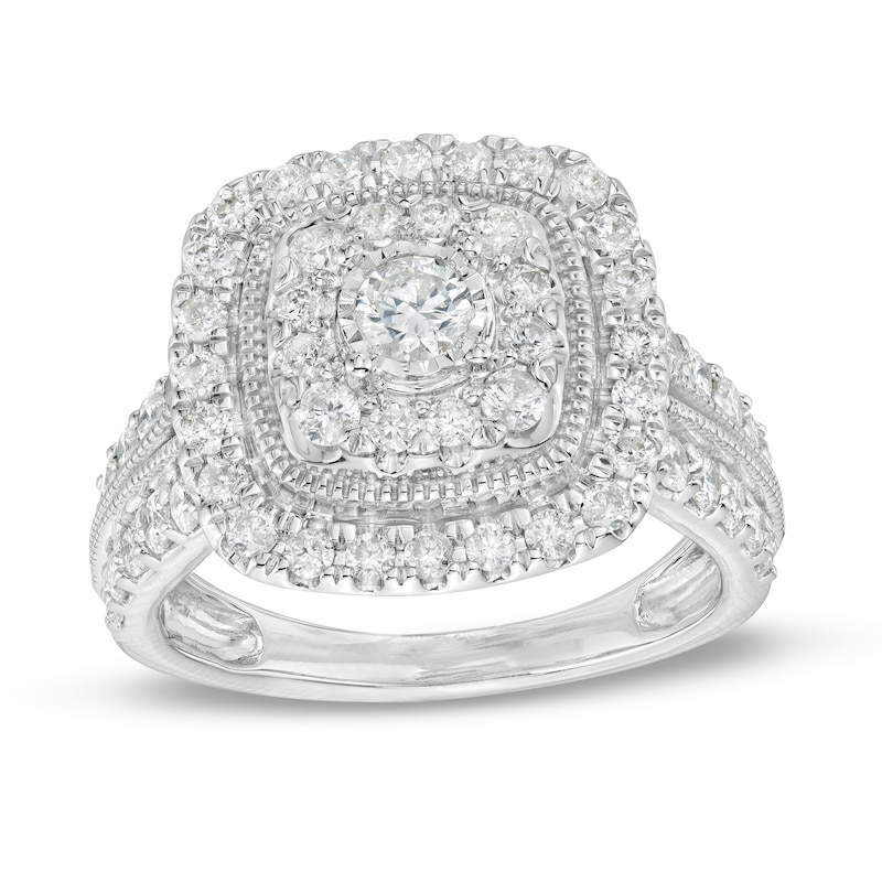 Main Image 1 of 1-1/2 CT. T.W. Diamond Double Cushion-Shaped Frame Vintage-Style Engagement Ring in 10K White Gold (J/I3)
