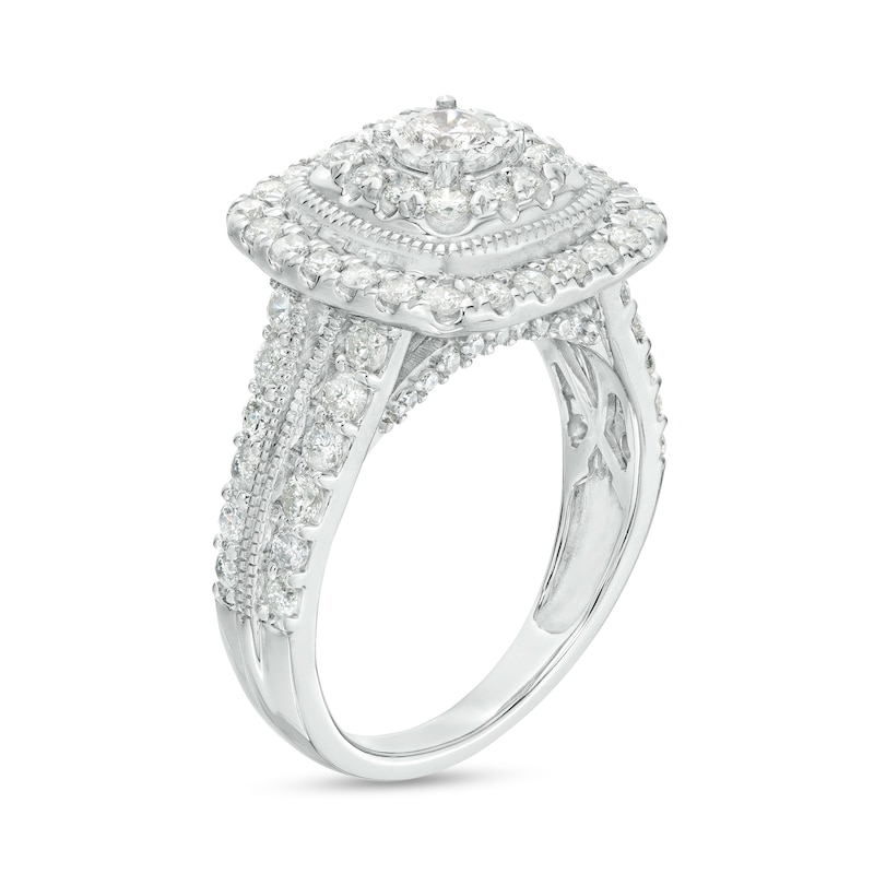 Main Image 3 of 1-1/2 CT. T.W. Diamond Double Cushion-Shaped Frame Vintage-Style Engagement Ring in 10K White Gold (J/I3)