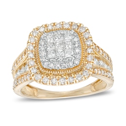 1 CT. T.W. Princess-Cut Multi-Diamond Cushion-Shaped Frame Triple Row Engagement Ring in 10K Gold