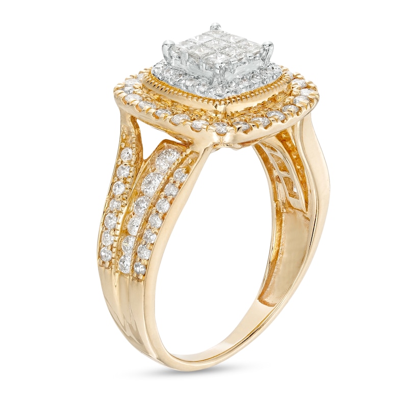 Main Image 3 of 1 CT. T.W. Princess-Cut Multi-Diamond Cushion-Shaped Frame Triple Row Engagement Ring in 10K Gold