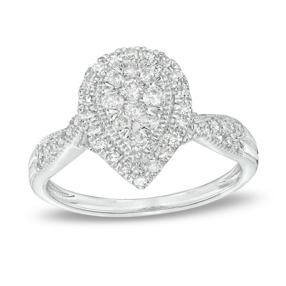 1/2 CT. T.w. Pear-Shaped Multi-Diamond Frame Vintage-Style Twist Shank Engagement Ring in 10K White Gold