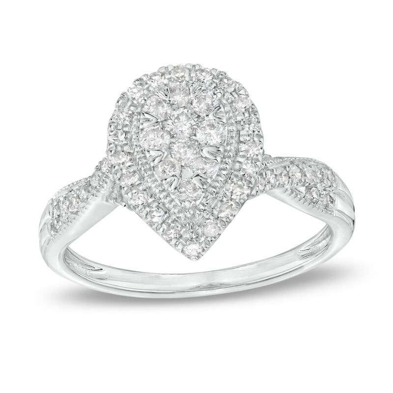 Main Image 1 of 1/2 CT. T.W. Pear-Shaped Multi-Diamond Frame Vintage-Style Twist Shank Engagement Ring in 10K White Gold