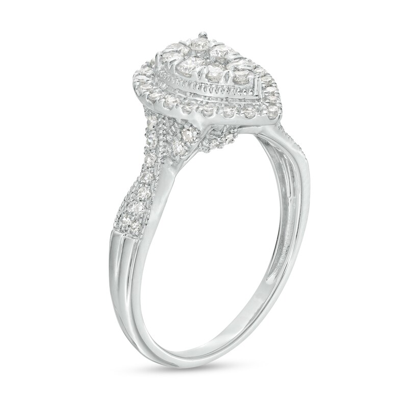 Main Image 3 of 1/2 CT. T.W. Pear-Shaped Multi-Diamond Frame Vintage-Style Twist Shank Engagement Ring in 10K White Gold