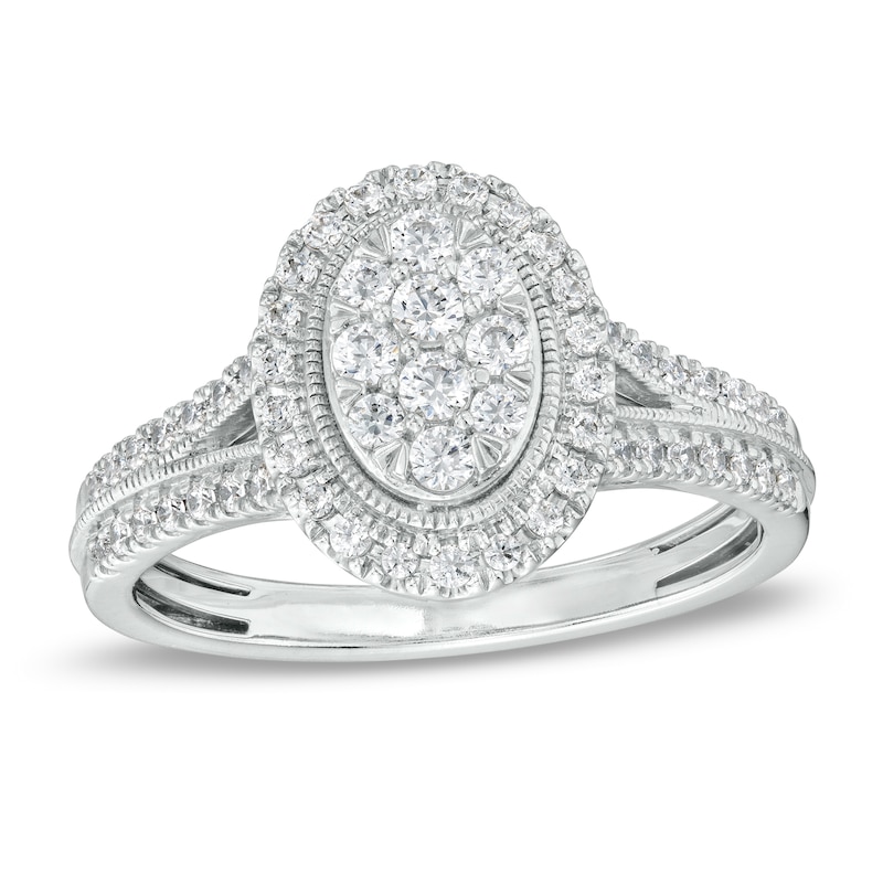 Main Image 1 of 1/2 CT. T.W. Oval Multi-Diamond Frame Split Shank Engagement Ring in 10K White Gold