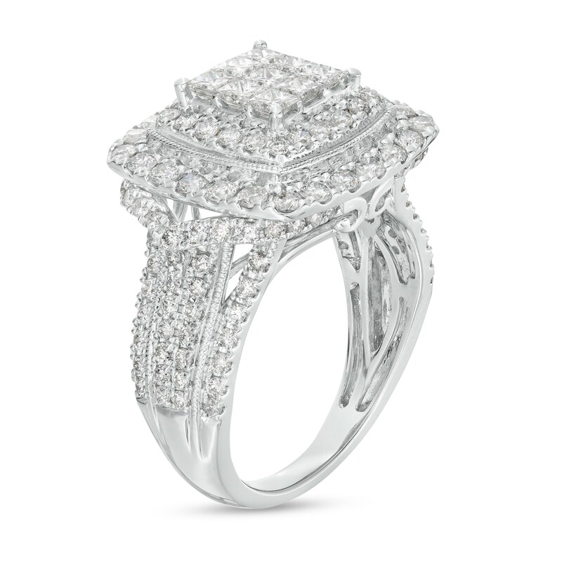 Main Image 3 of 2 CT. T.W. Princess-Cut Multi-Diamond Double Cushion-Shaped Frame Multi-Row Engagement Ring in 10K White Gold