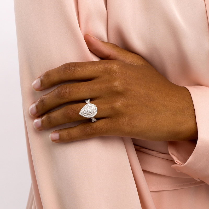Main Image 2 of 1 CT. T.W. Diamond Pear-Shaped Double Frame Engagement Ring in 10K White Gold (J/I3)