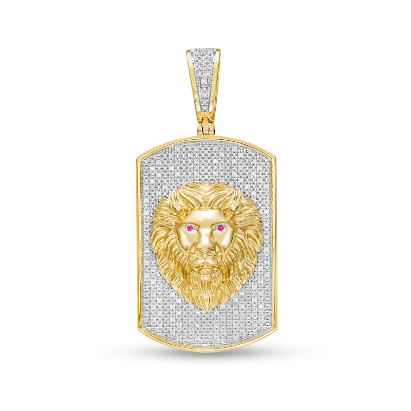 Main Image 1 of Men's 1/3 CT. T.W. Diamond and Lab-Created Ruby Lion's Head Dog Tag Necklace Charm in 10K Gold