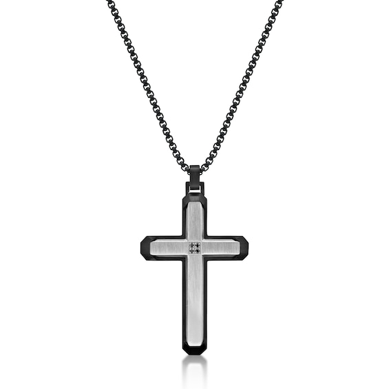 Men's Quad Black Diamond Accent Layered Cross Pendant in Stainless Steel and Black IP - 24"