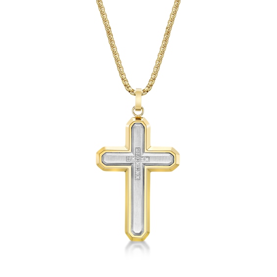 Men's 1/20 CT. T.w. Diamond Inlay Outline Cross Pendant in Stainless Steel and Gold IP - 24"