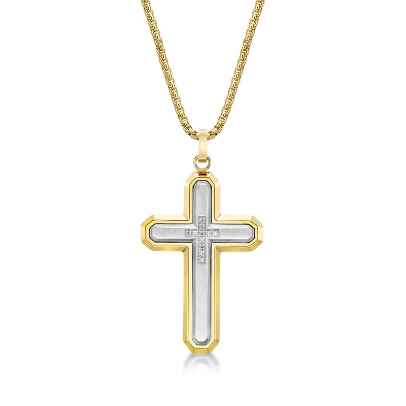 Men's 1/20 CT. T.W. Diamond Inlay Outline Cross Pendant in Stainless Steel and Gold IP - 24"