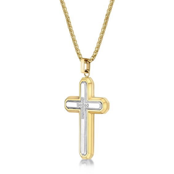 Men's 1/20 CT. T.w. Diamond Inlay Outline Cross Pendant in Stainless Steel and Gold IP - 24"