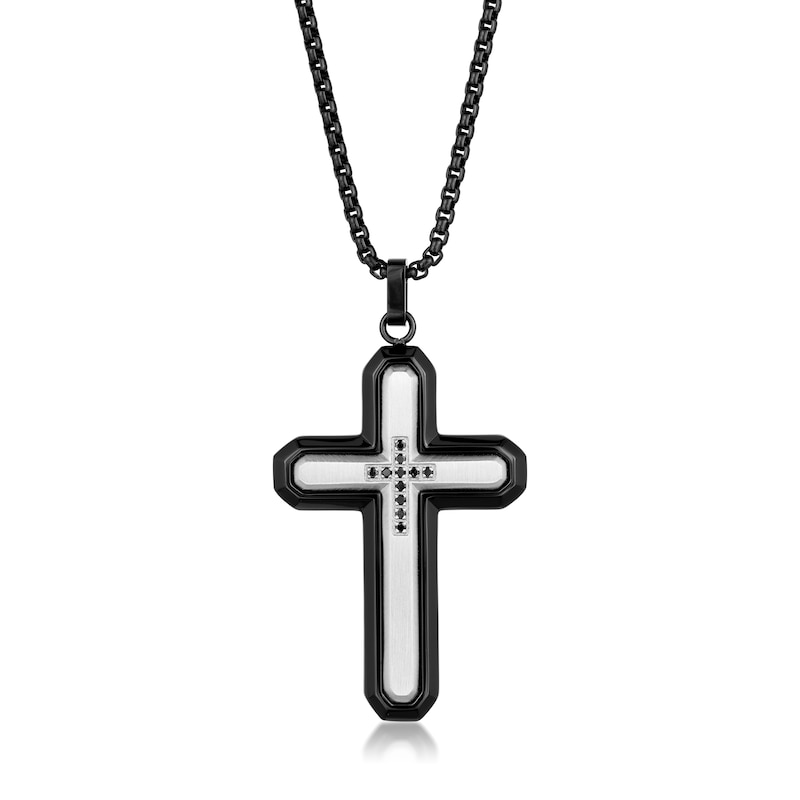 Men's 1/20 CT. T.W. Black Diamond Inlay Outline Cross Pendant in Stainless Steel and Black IP - 24"