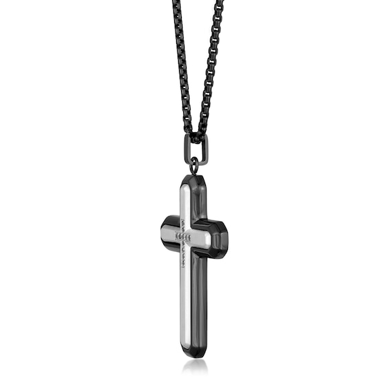 Men's 1/20 CT. T.w. Black Diamond Inlay Outline Cross Pendant in Stainless Steel and Black IP - 24"