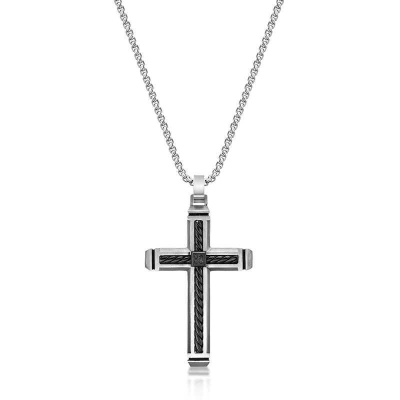 Men's Black Diamond Accent Rope Inlay Cross Pendant in Stainless Steel and Black IP - 24"