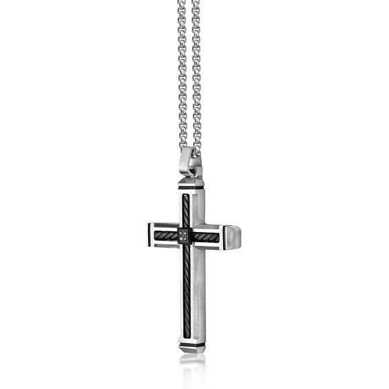 Men's Black Diamond Accent Rope Inlay Cross Pendant in Stainless Steel and Black IP - 24"