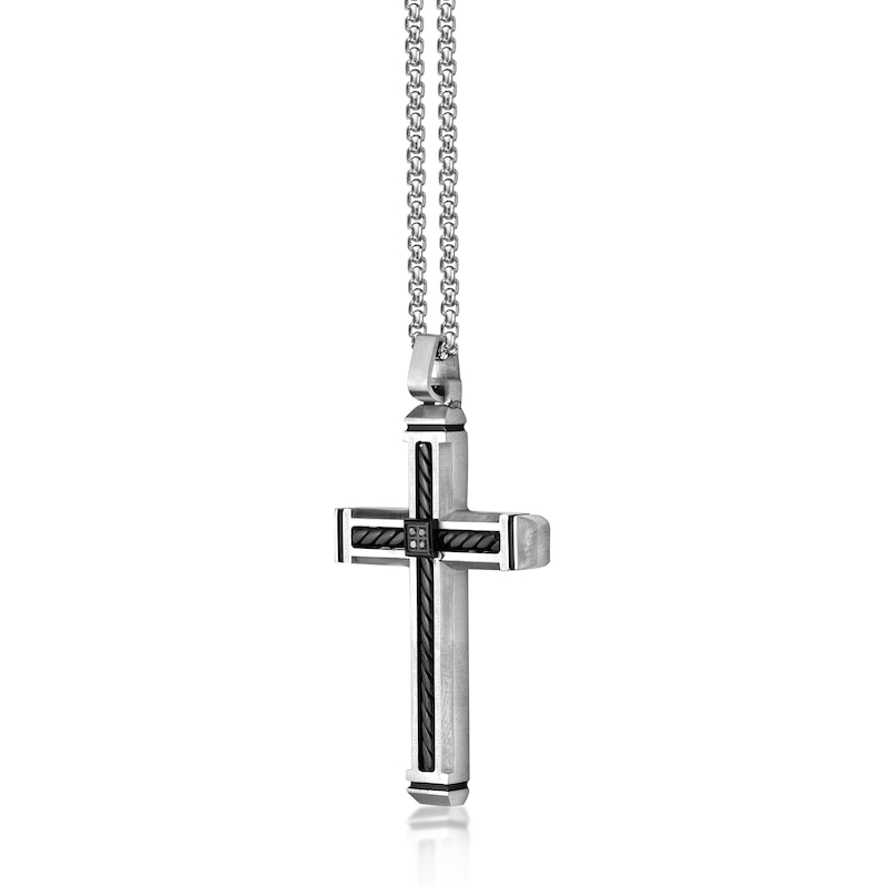 Men's Black Diamond Accent Rope Inlay Cross Pendant in Stainless Steel and Black IP - 24"