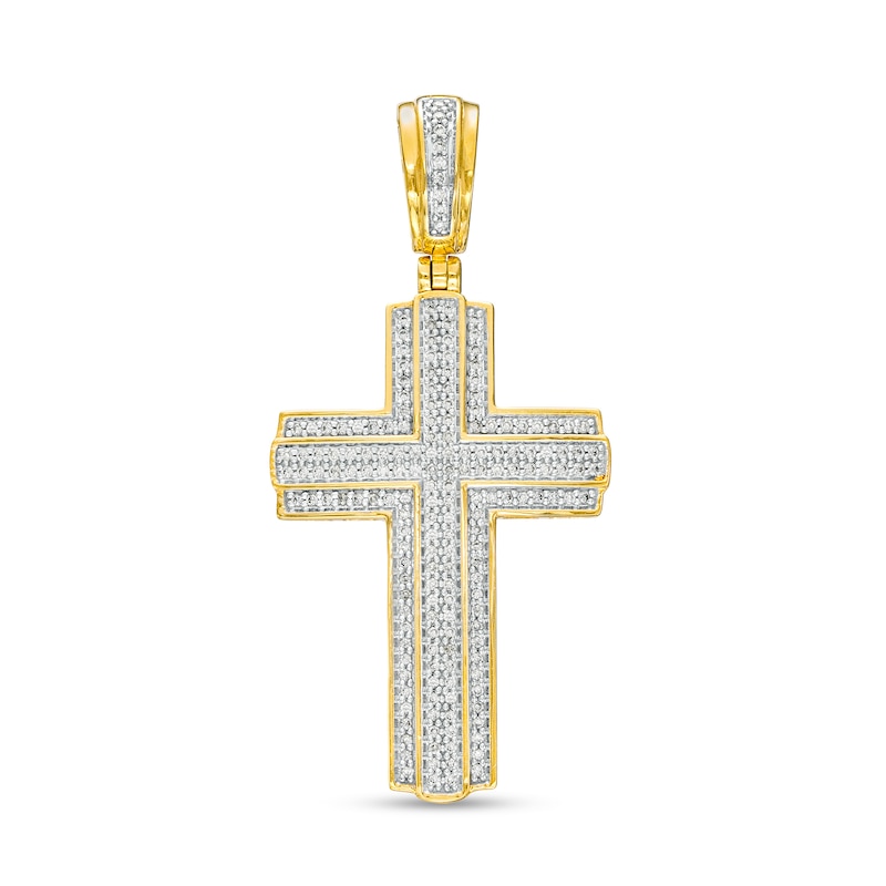 Main Image 1 of 1/2 CT. T.W. Diamond Cross Triple Row Necklace Charm in 10K Gold