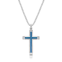 Men's Blue Diamond Accent Rope Inlay Cross Pendant in Stainless Steel and Blue IP - 24"