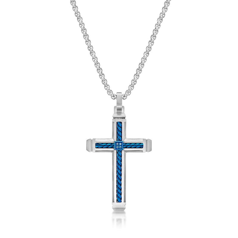Main Image 1 of Men's Blue Diamond Accent Rope Inlay Cross Pendant in Stainless Steel and Blue IP - 24"
