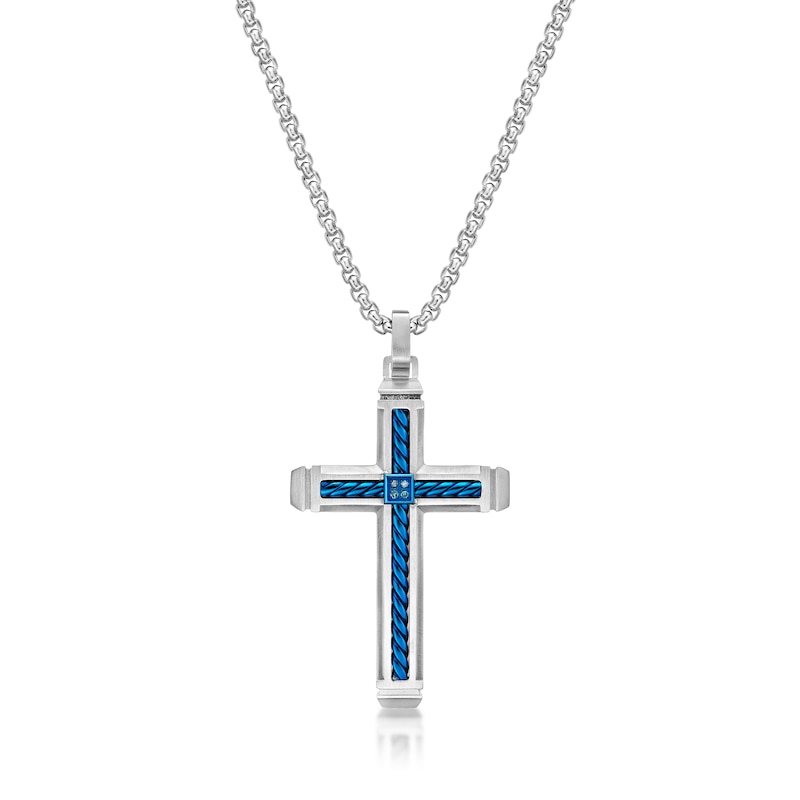 Men's Blue Diamond Accent Rope Inlay Cross Pendant in Stainless Steel and Blue IP - 24"