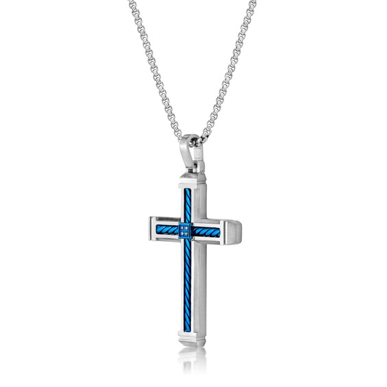 Men's Blue Diamond Accent Rope Inlay Cross Pendant in Stainless Steel and Blue IP - 24"