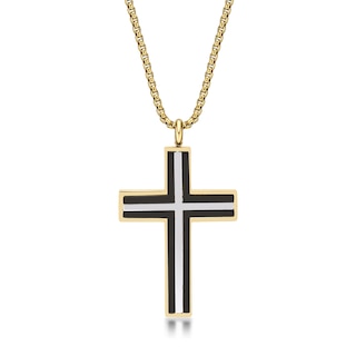 Men's Triple Layer Cross Pendant in Stainless Steel with Black and Gold-Tone IP - 24"