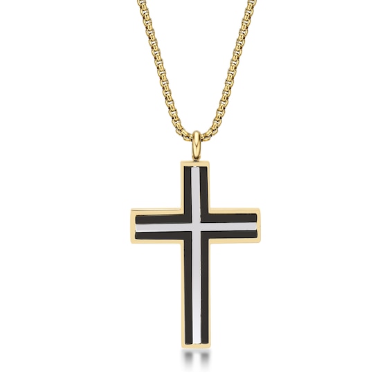 Men's Triple Layer Cross Pendant in Stainless Steel with Black and Gold-Tone IP - 24"