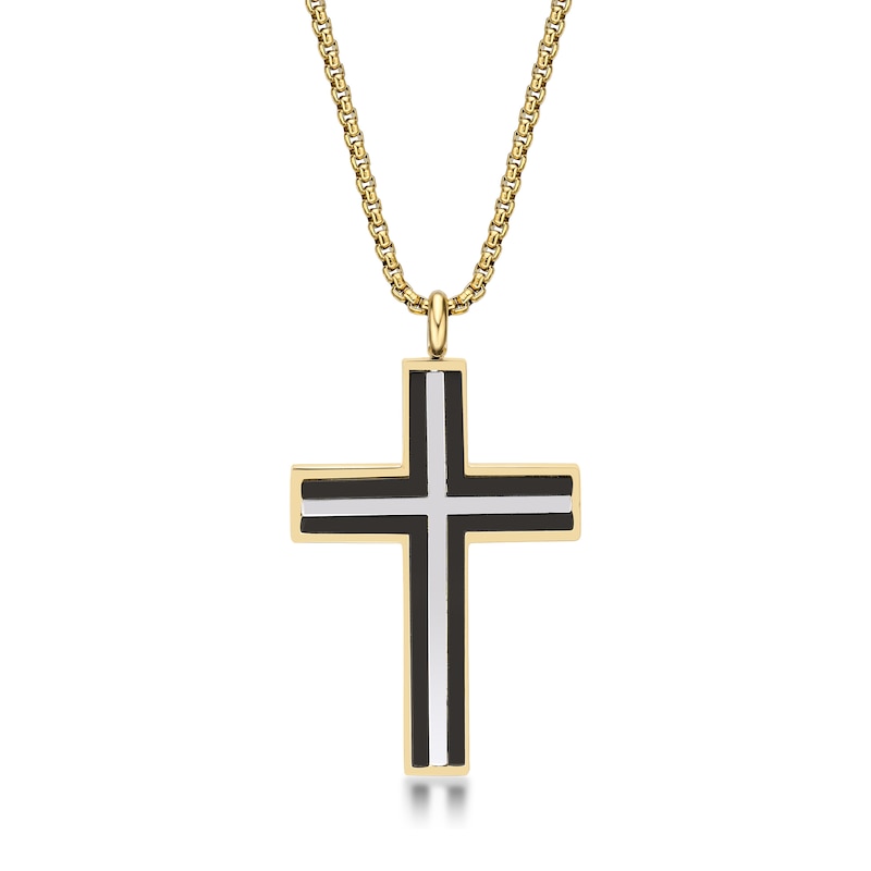 Main Image 1 of Men's Triple Layer Cross Pendant in Stainless Steel with Black and Gold-Tone IP - 24"
