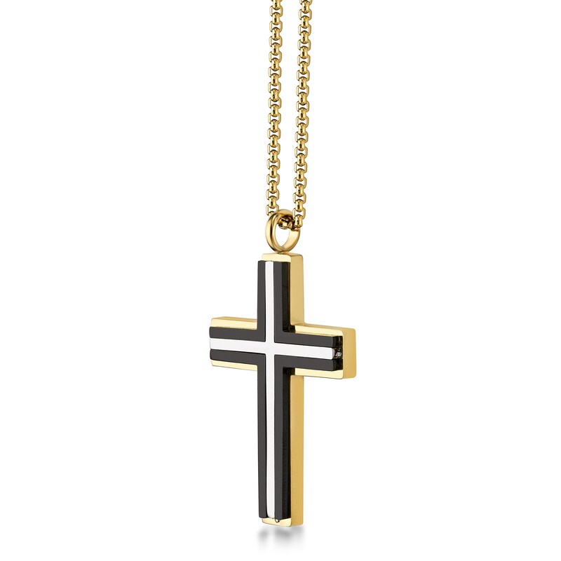 Main Image 2 of Men's Triple Layer Cross Pendant in Stainless Steel with Black and Gold-Tone IP - 24"