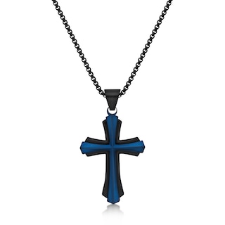 Men's Flared Cross Pendant in Stainless Steel with Black and Blue IP - 24"